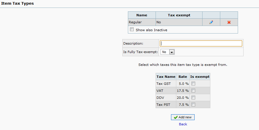 web accounting - tax configuration